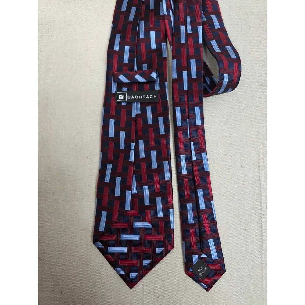Bachrach Mens Silk Necktie Burgundy Red Blue Geometric‎ Basketweave Pattern Tie